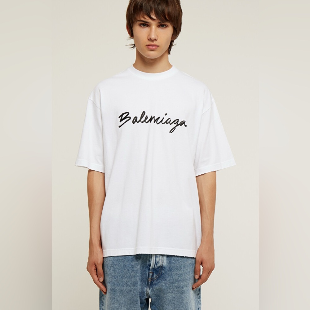 Like New Men’s Size Medium Balenciaga Oversized Logo Scripted T-shirt 100% White - Picture 4 of 14